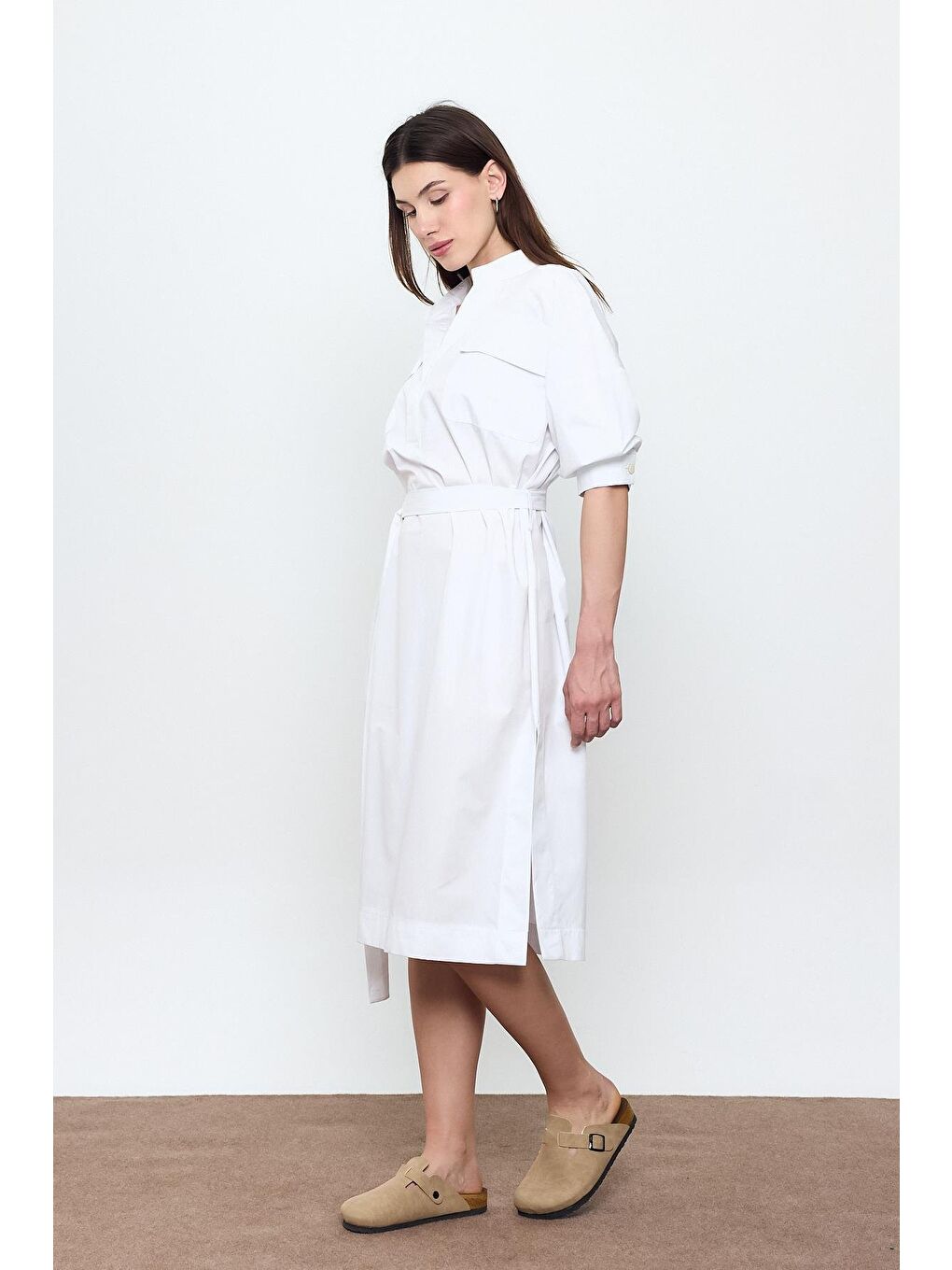 Beyaz %100 Pamuk Midi Boy Gömlek Elbise-1