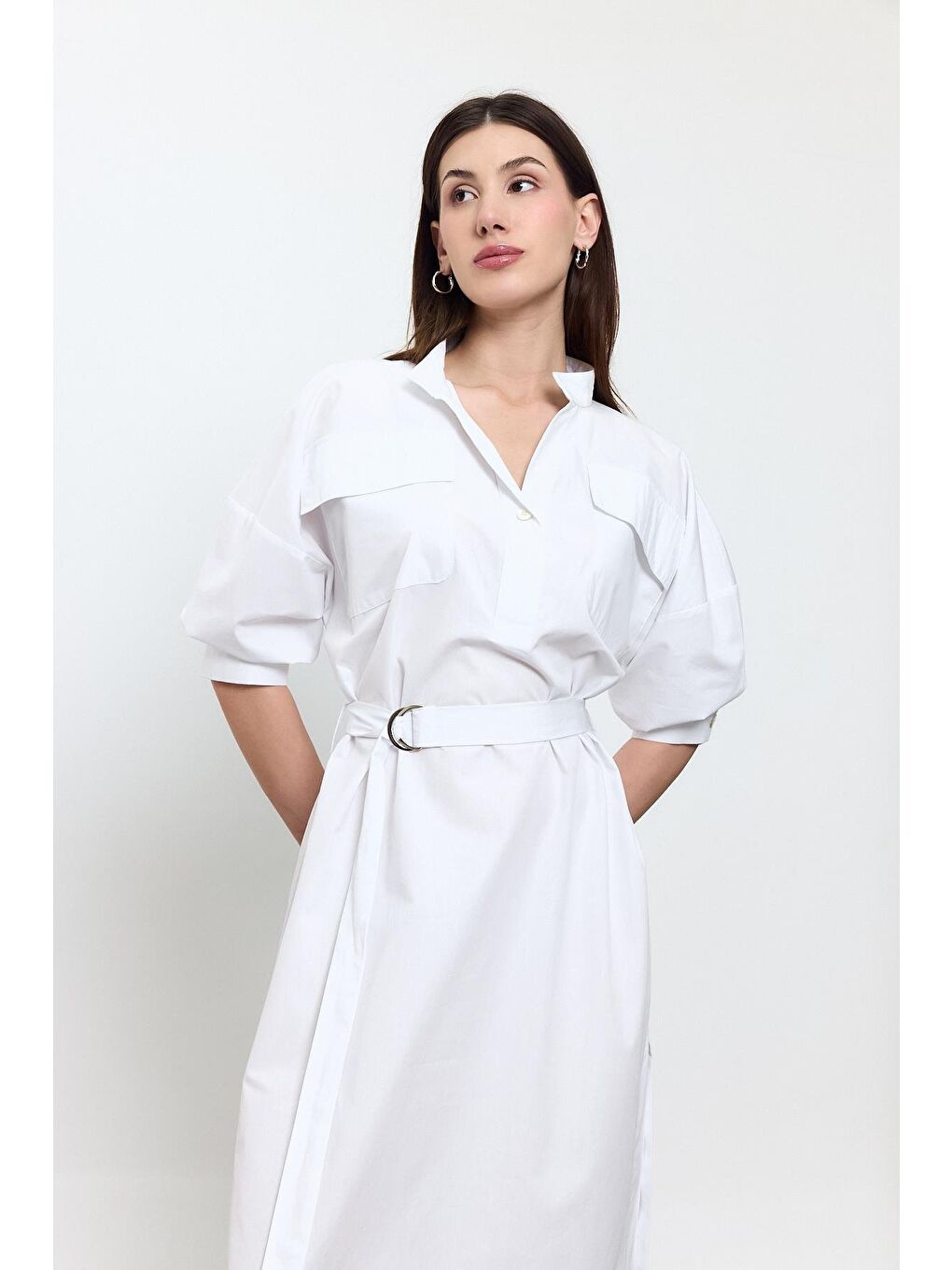 Beyaz %100 Pamuk Midi Boy Gömlek Elbise-2