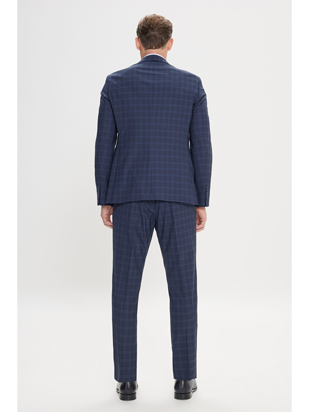 Erkek Lacivert Slim Fit Mono Yaka Kareli Kapak Cepli Yelekli Takım Elbise-7