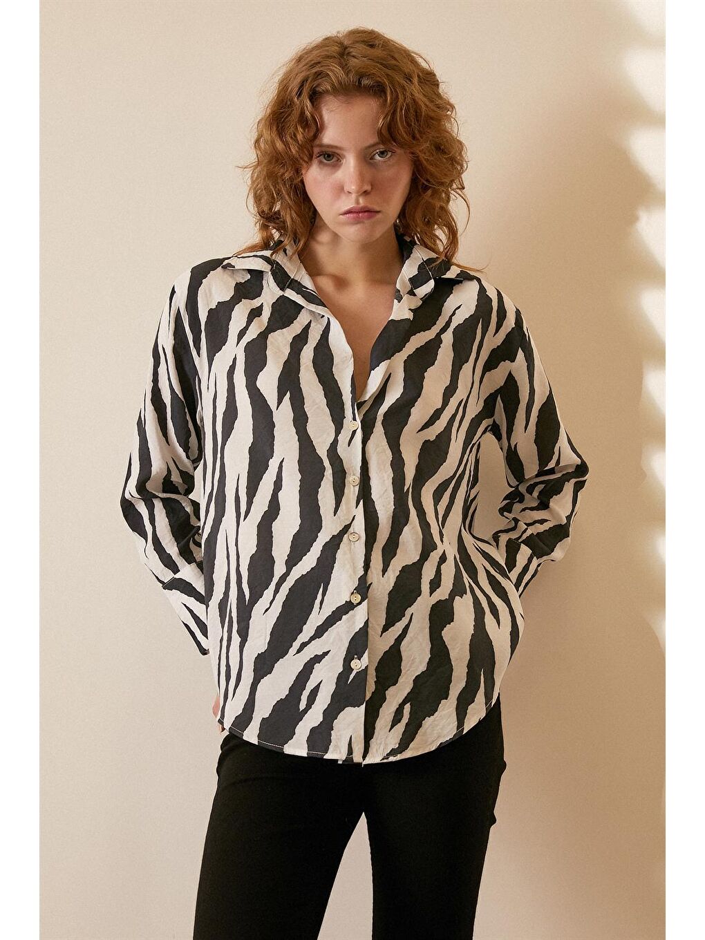 Siyah Zebra Desen Modal Gömlek-3