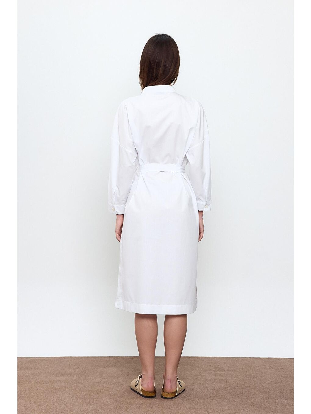 Beyaz %100 Pamuk Midi Boy Gömlek Elbise-3