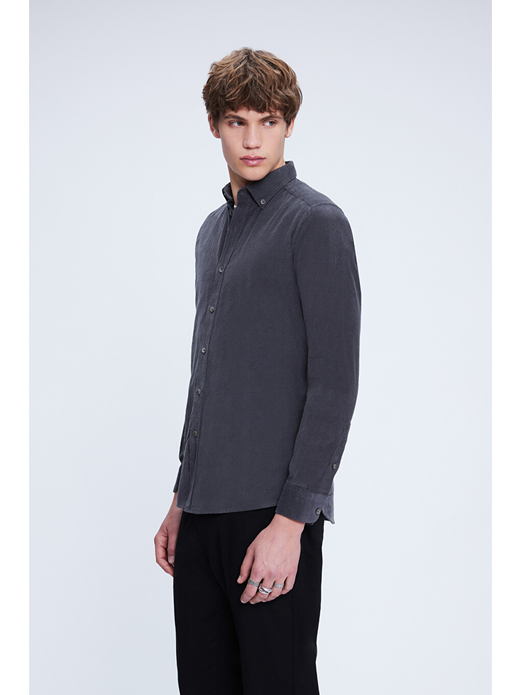 Gri Slim Fit 100% Pamuklu Düğmeli Yaka Uzun Kollu Klasik Gömlek-2