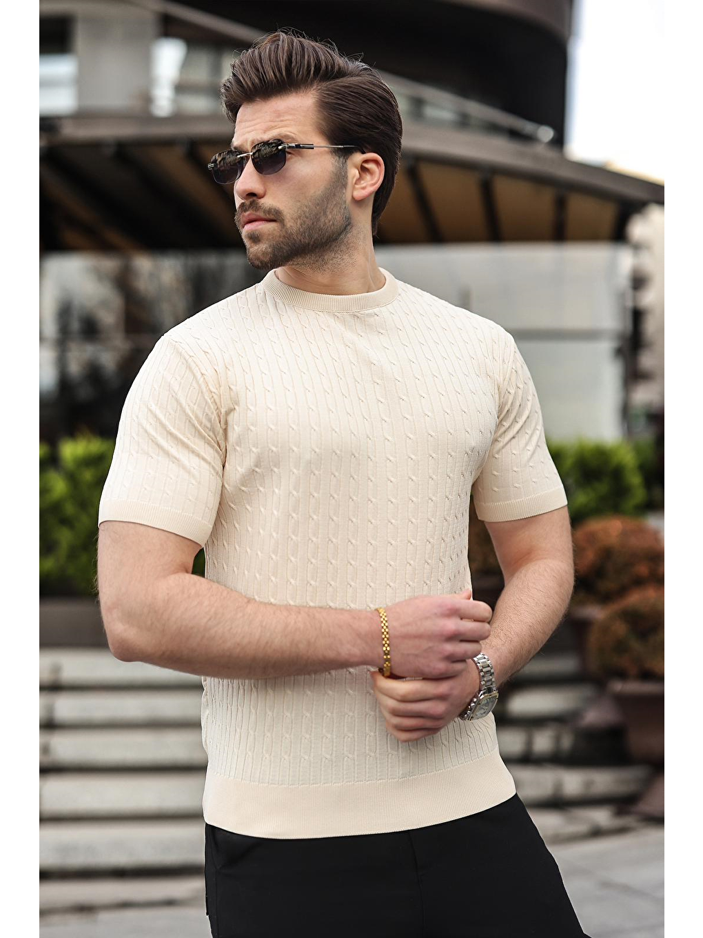 Bej Taş Rengi Bisiklet Yaka Triko Erkek Tişört E7468-3