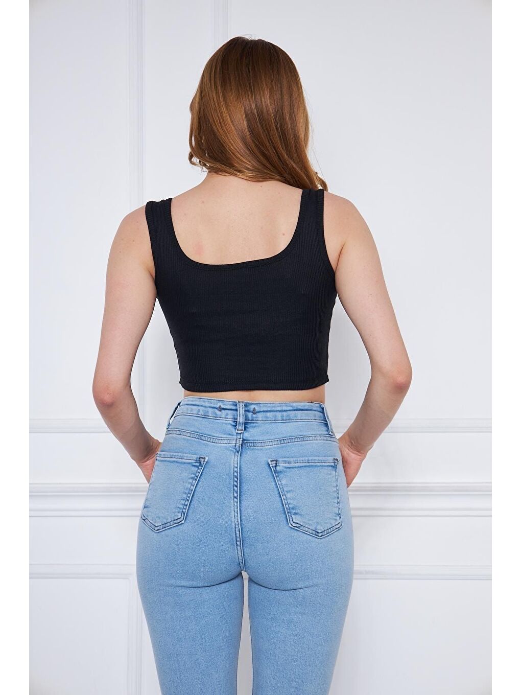 Siyah Kadın Askılı Crop Top Bluz-5