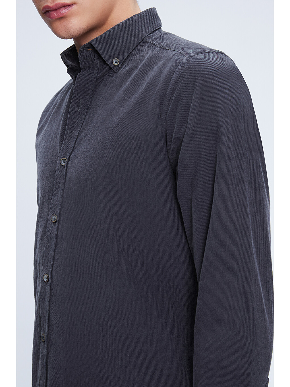 Gri Slim Fit 100% Pamuklu Düğmeli Yaka Uzun Kollu Klasik Gömlek-3