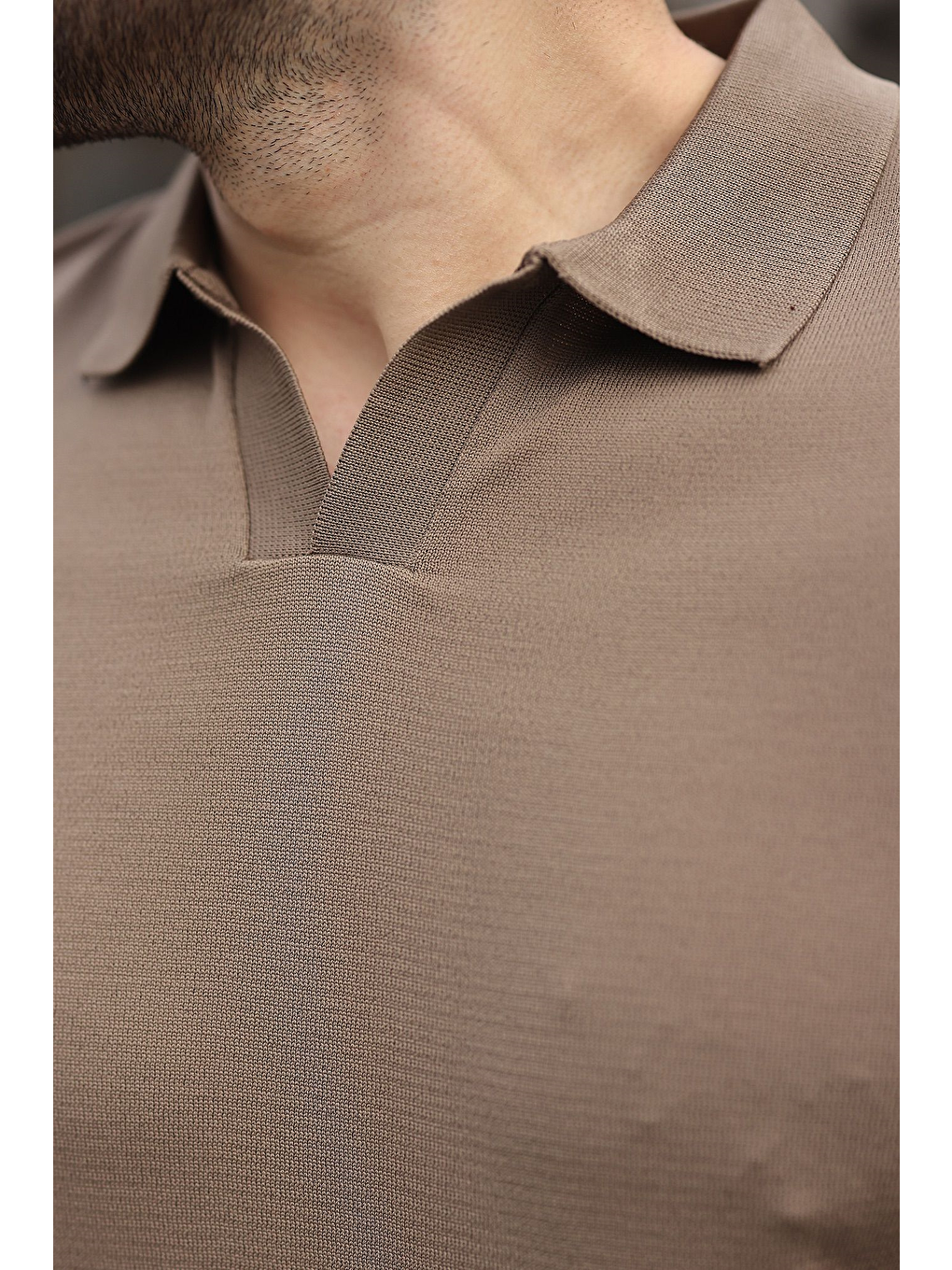 Açık Kahverengi Polo Yaka Triko Kısa Kollu Erkek Tişört E7463-1