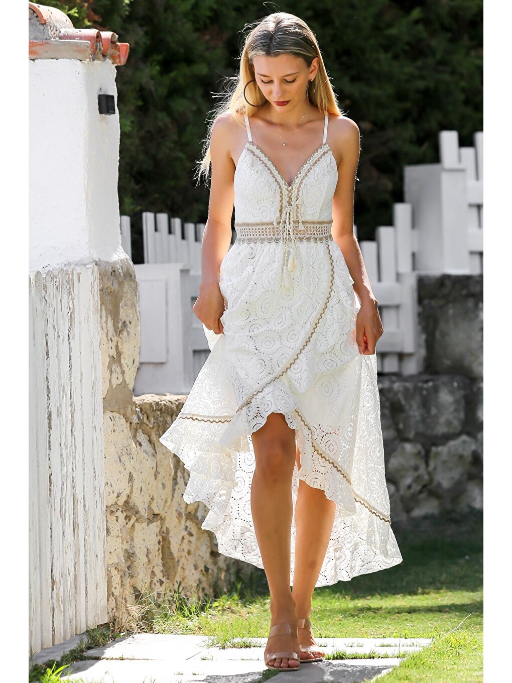 İtalyan Bej V Yaka Askılı Astarlı Anvelop Etek Fistolu Pamuklu Dokuma Casual Elbise