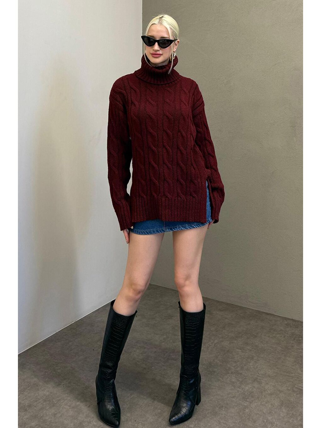 Bordo Boğazlı Triko Kazak Mg2376-8