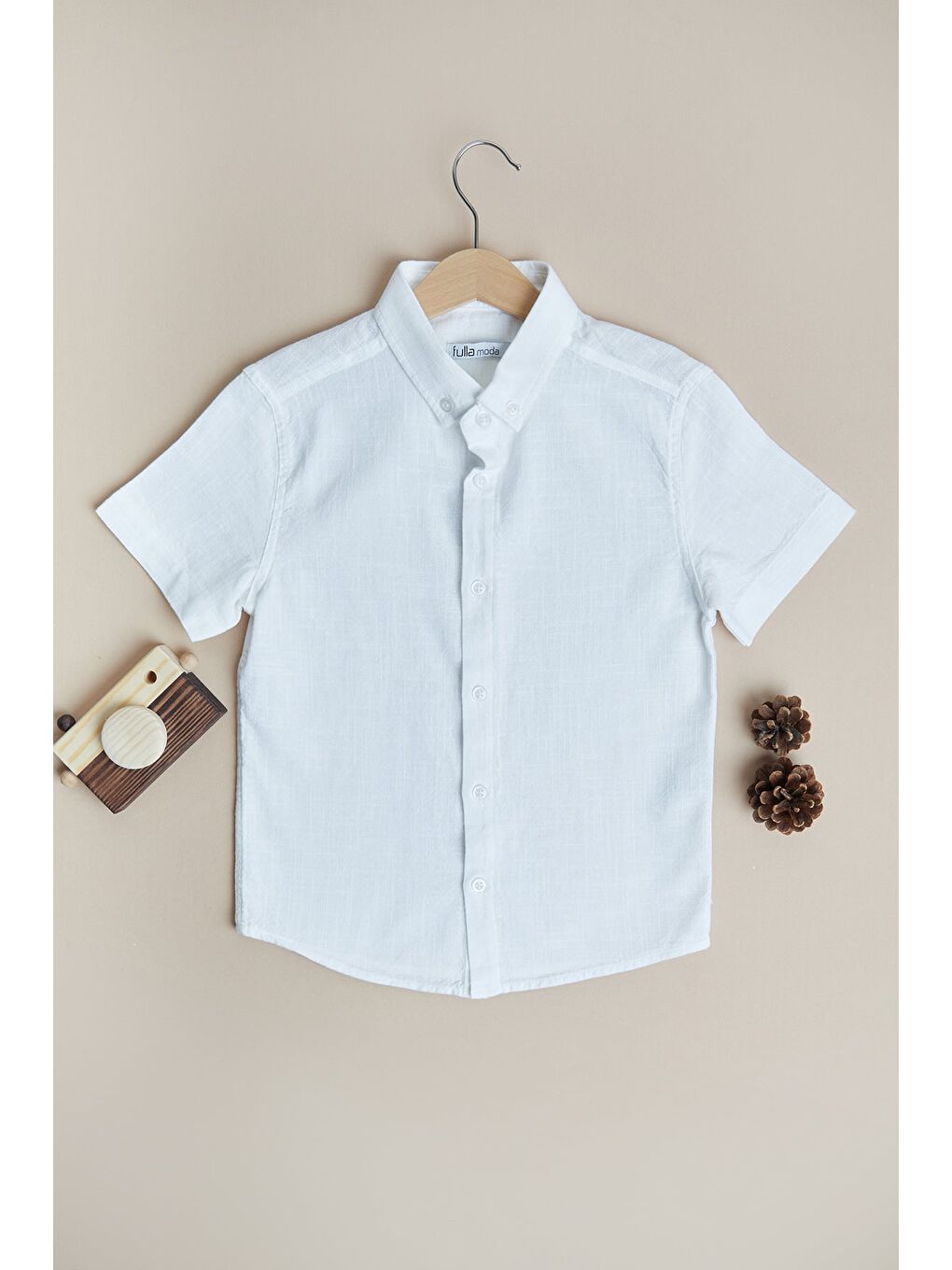 Beyaz Flamlı Keten Görünümlü Erkek Çocuk Gömlek
