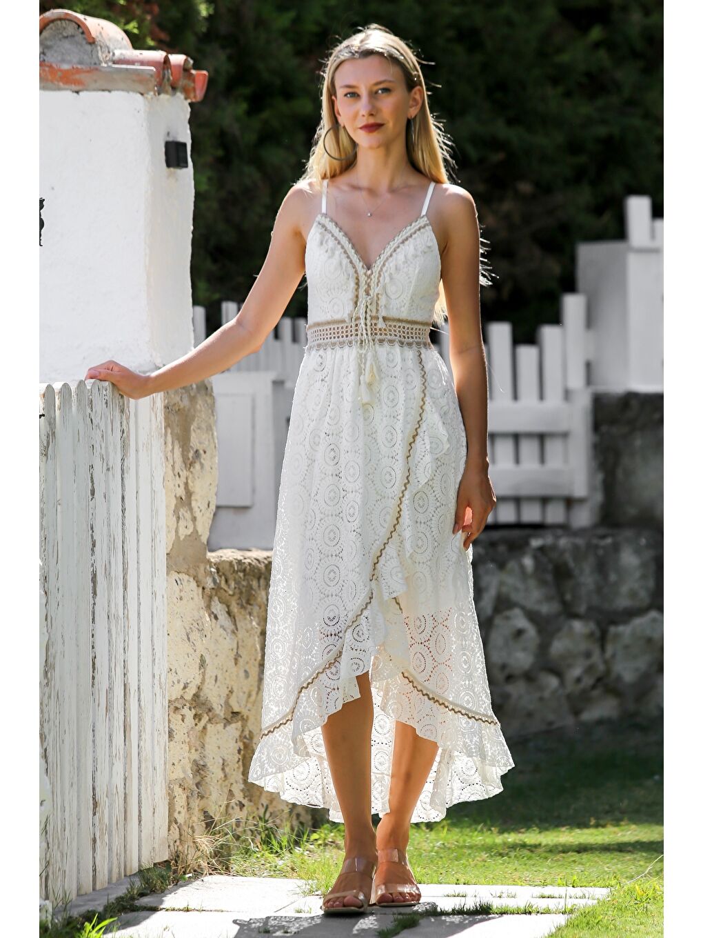 İtalyan Bej V Yaka Askılı Astarlı Anvelop Etek Fistolu Pamuklu Dokuma Casual Elbise-2