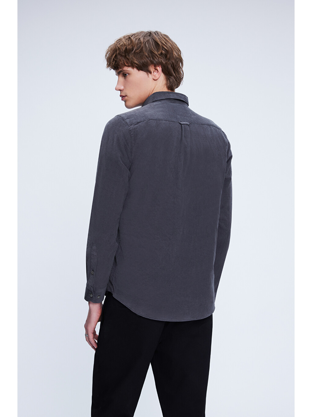 Gri Slim Fit 100% Pamuklu Düğmeli Yaka Uzun Kollu Klasik Gömlek-4