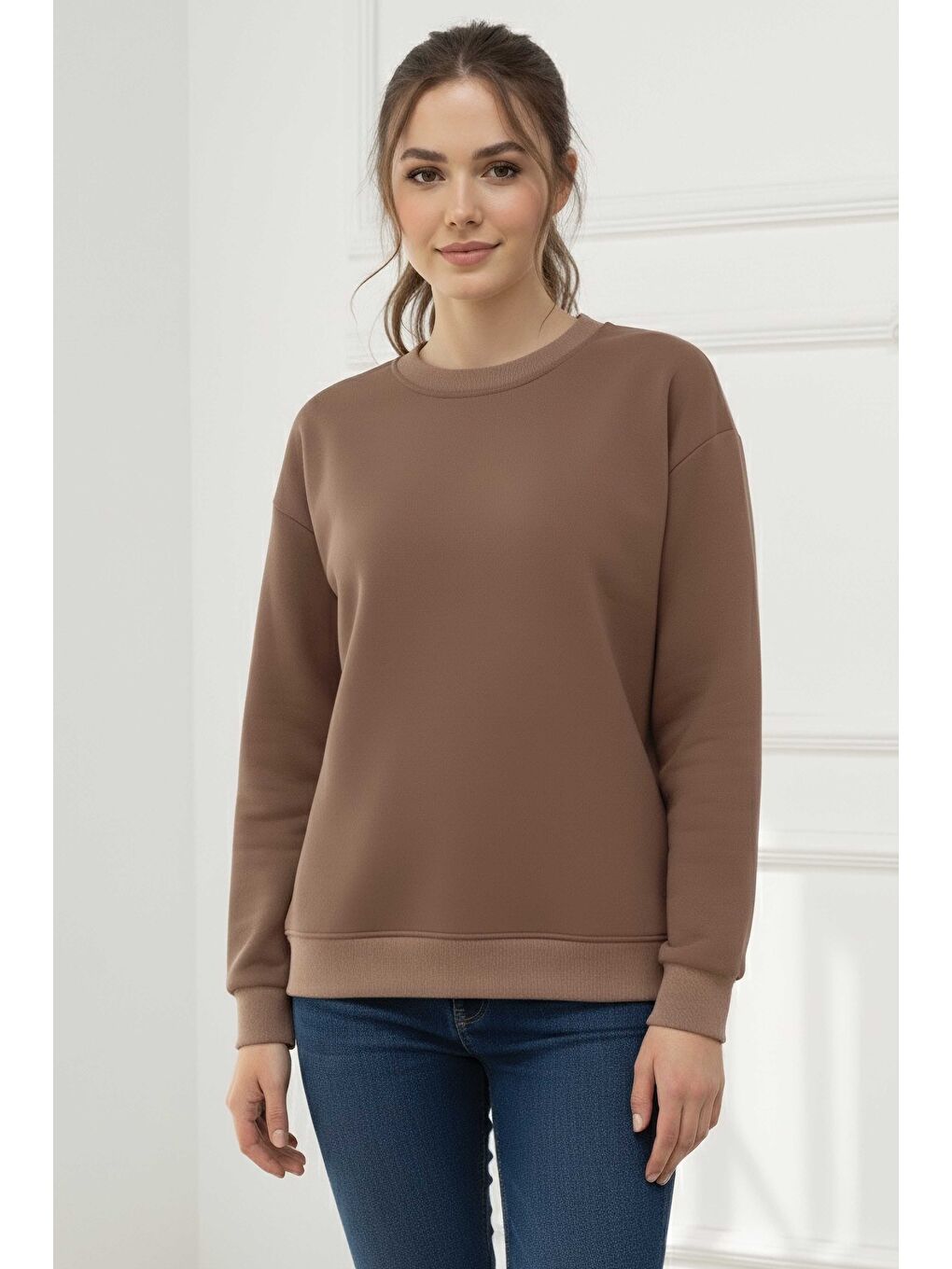 Bej Kadın Bisiklet Yaka Oversize Sweatshirt Vizon - 27955-VIZON