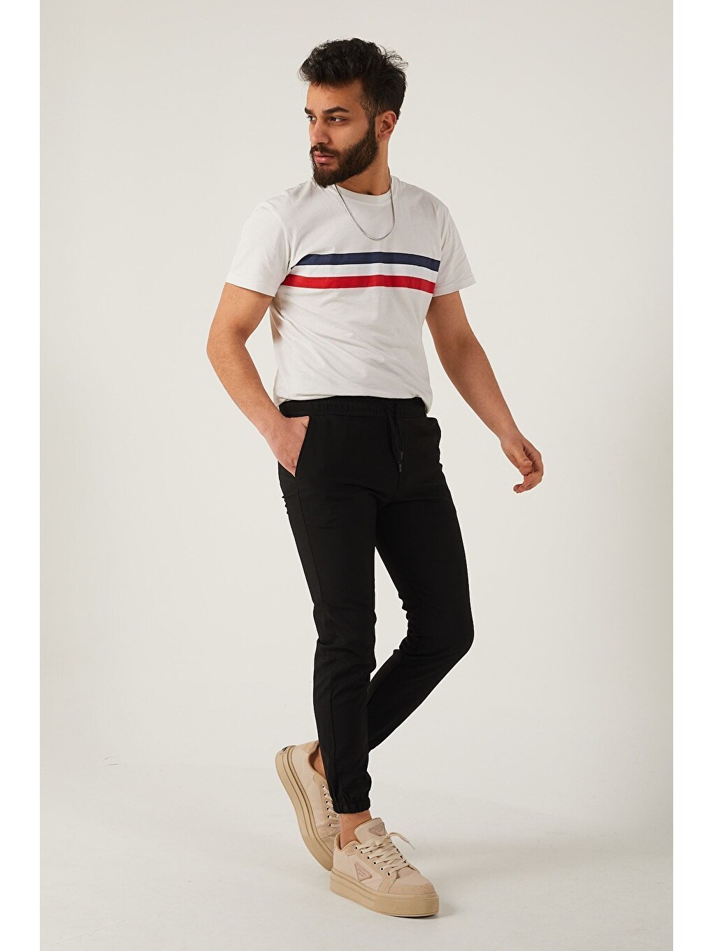 Siyah Erkek Dar Kalıp Lastikli Paça Jogger Pantolon-5