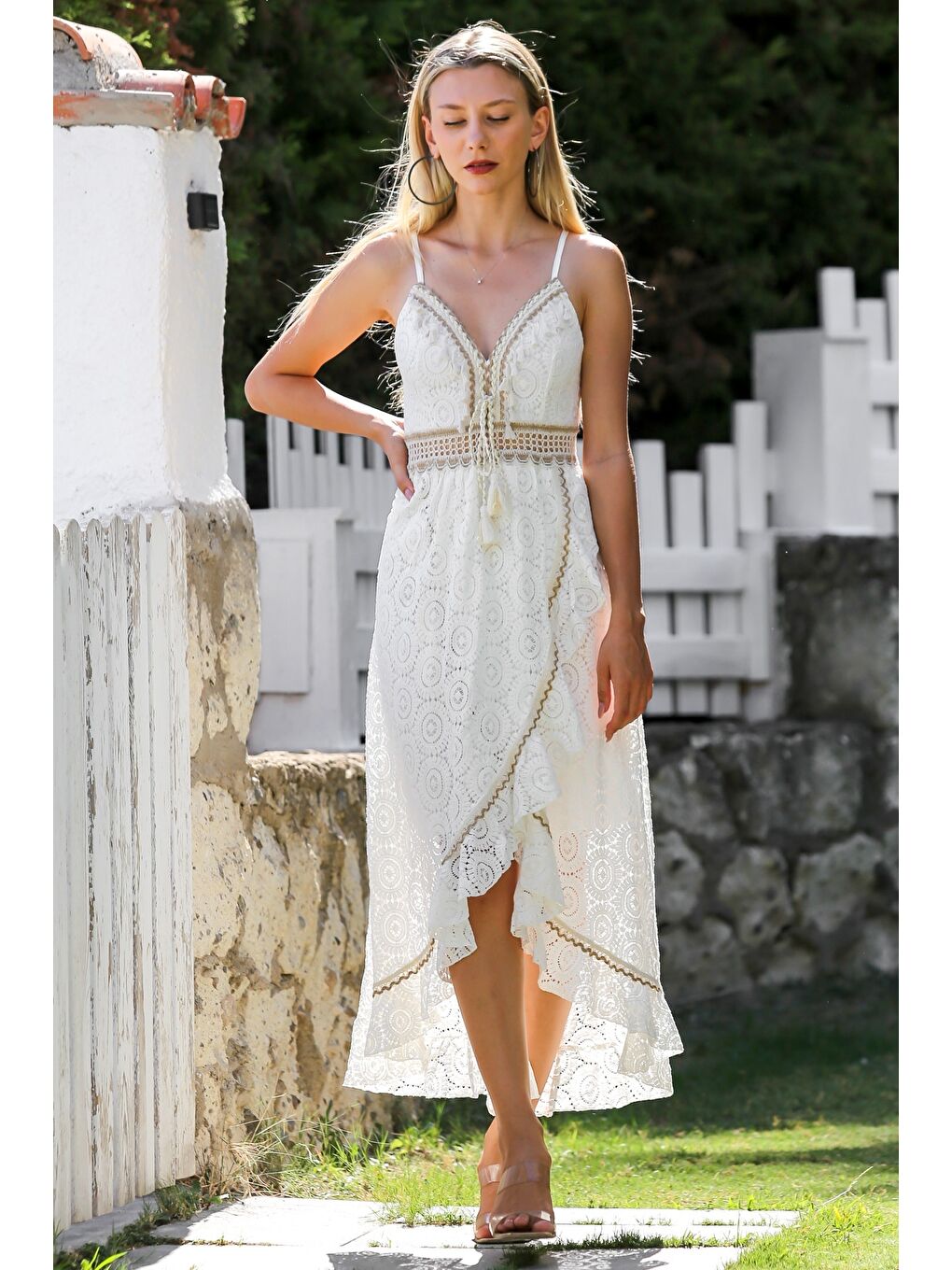 İtalyan Bej V Yaka Askılı Astarlı Anvelop Etek Fistolu Pamuklu Dokuma Casual Elbise-4