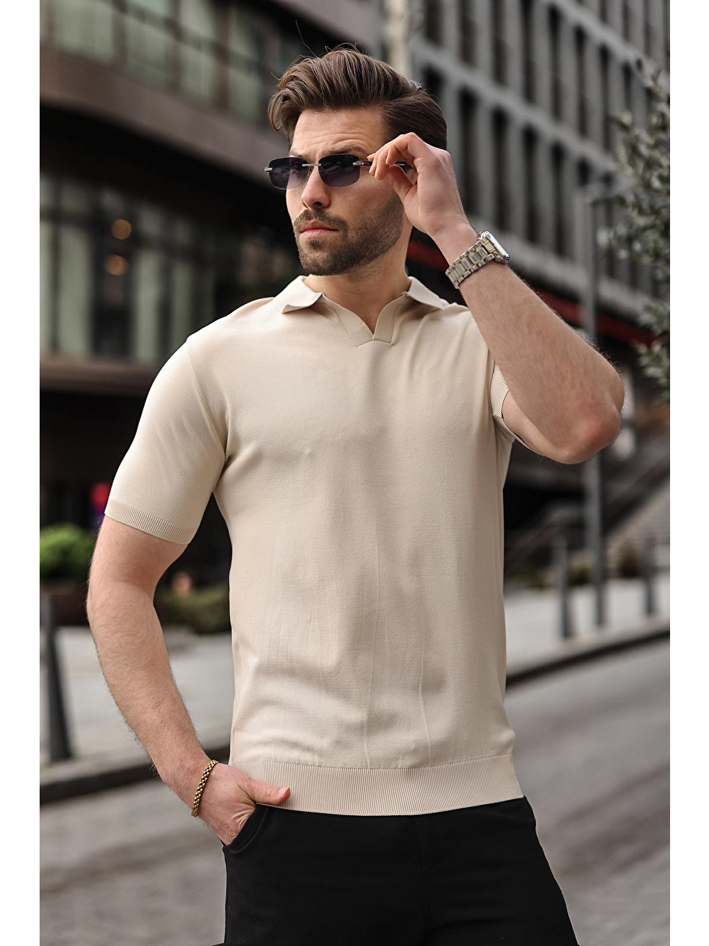 Bej Taş Rengi Polo Yaka Triko Kısa Kollu Erkek Tişört E7463-1