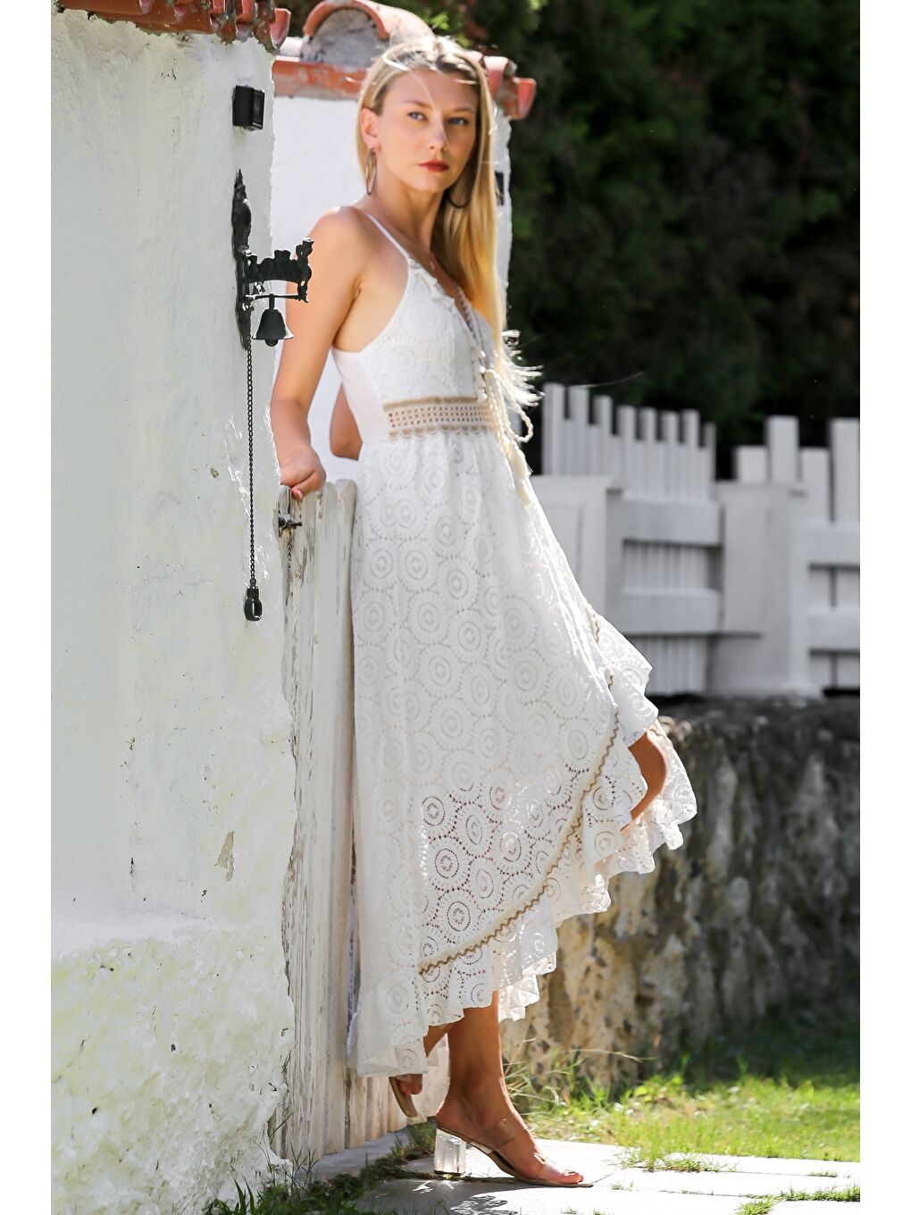 İtalyan Bej V Yaka Askılı Astarlı Anvelop Etek Fistolu Pamuklu Dokuma Casual Elbise-5