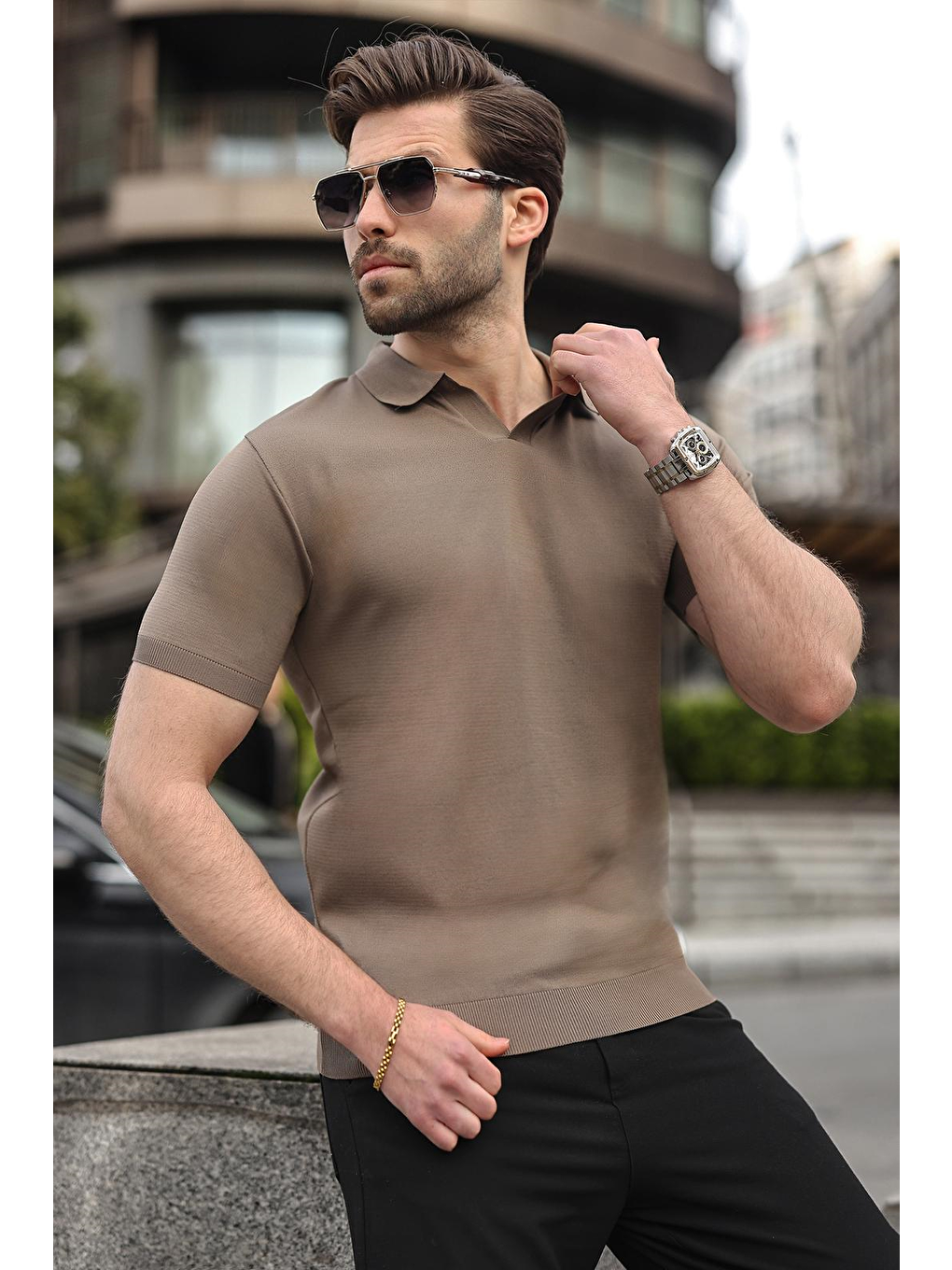 Açık Kahverengi Polo Yaka Triko Kısa Kollu Erkek Tişört E7463-2