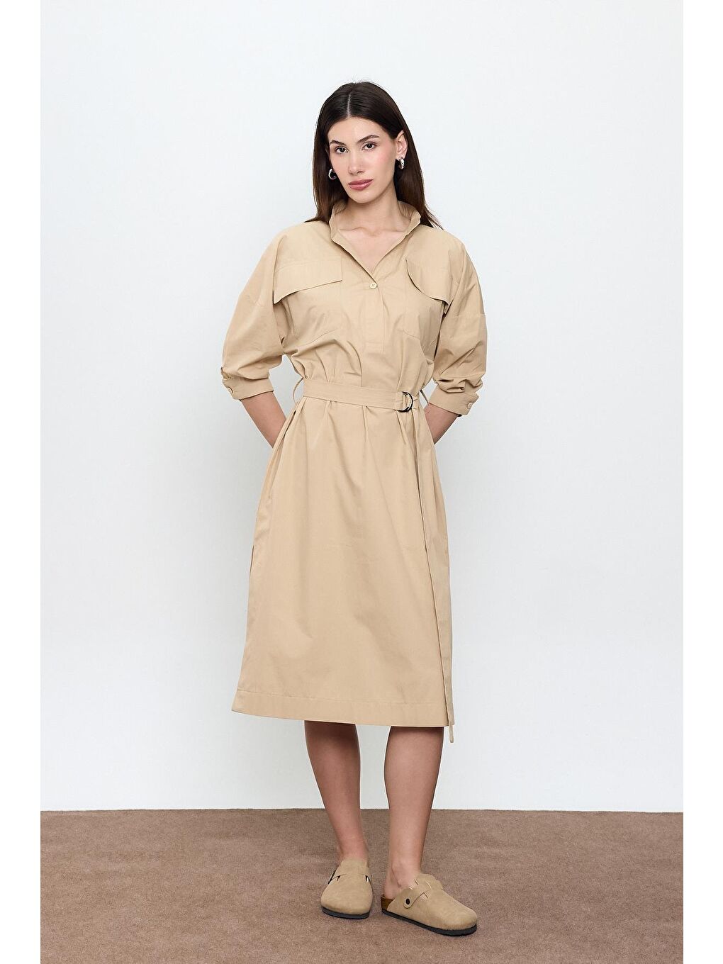 Bej %100 Pamuk Midi Boy Gömlek Elbise