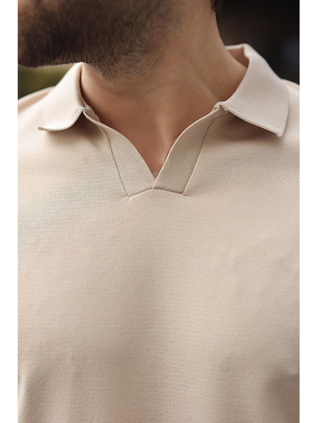 Bej Taş Rengi Polo Yaka Triko Kısa Kollu Erkek Tişört E7463-2