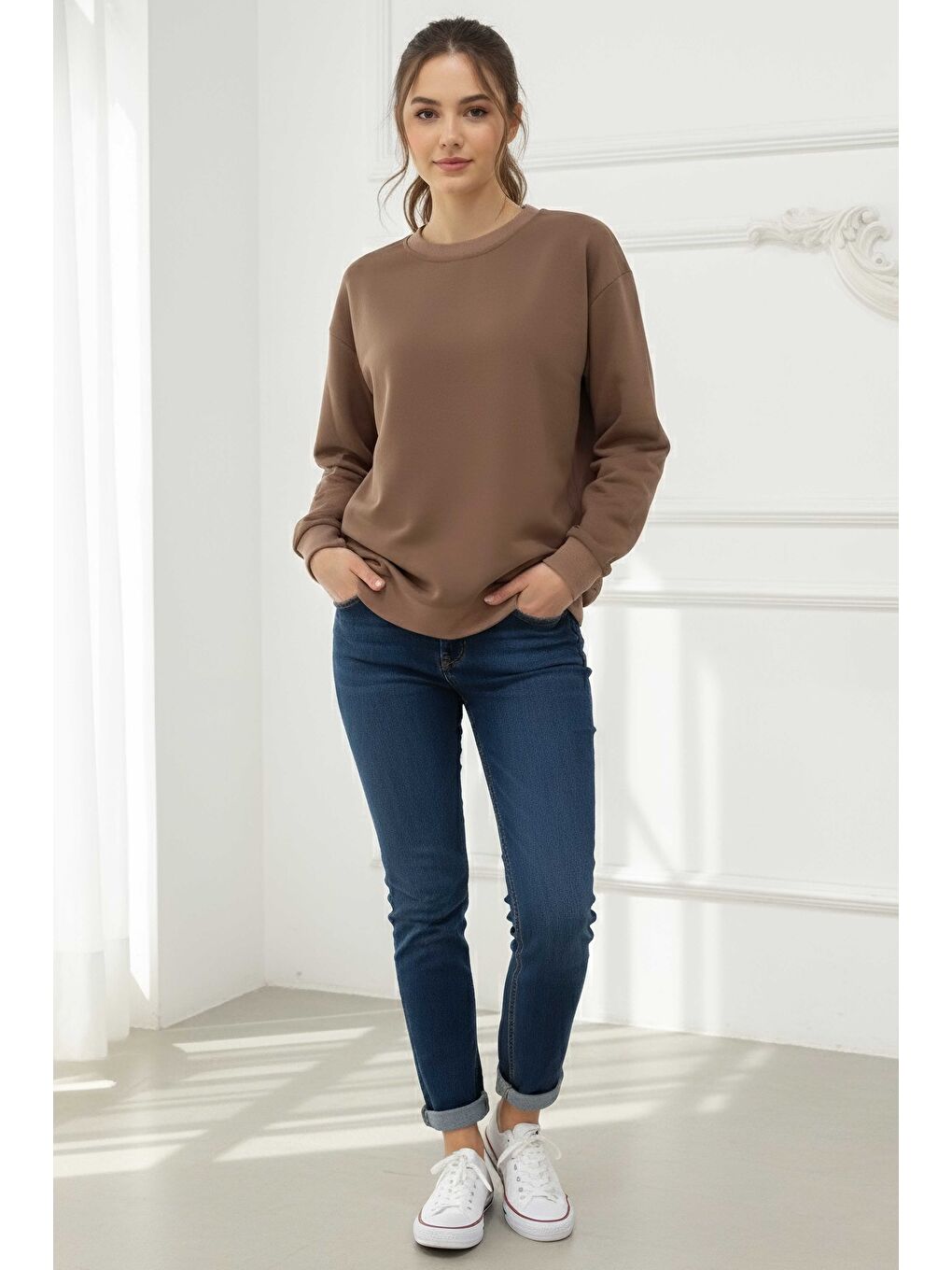 Bej Kadın Bisiklet Yaka Oversize Sweatshirt Vizon - 27955-VIZON-1