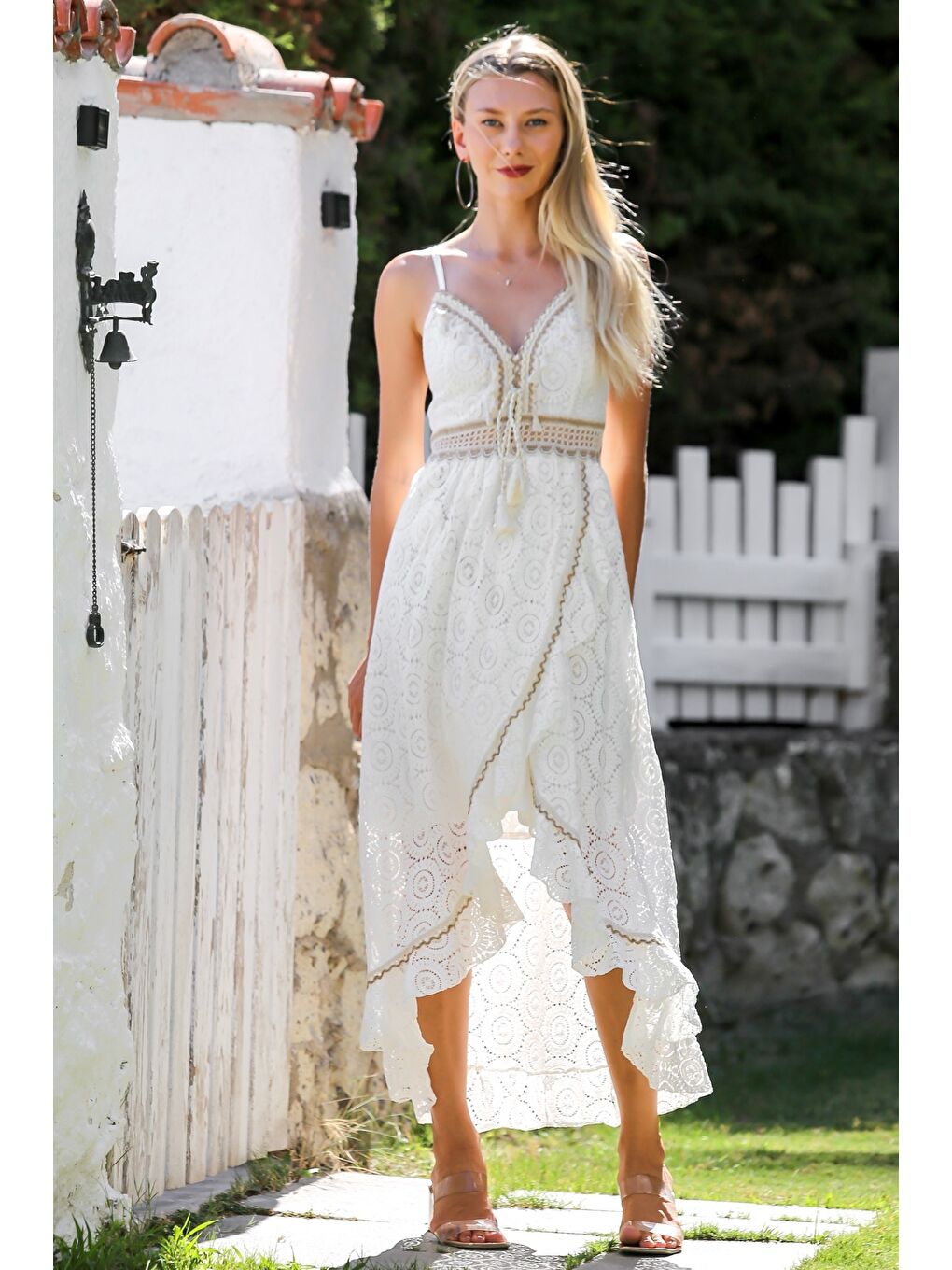 İtalyan Bej V Yaka Askılı Astarlı Anvelop Etek Fistolu Pamuklu Dokuma Casual Elbise-6