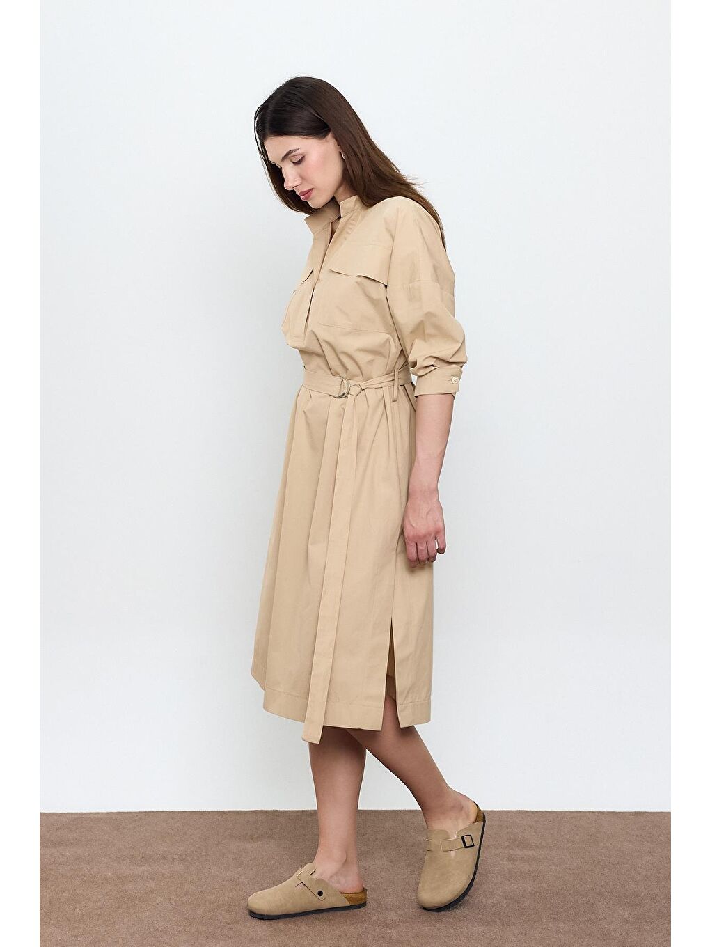 Bej %100 Pamuk Midi Boy Gömlek Elbise-1