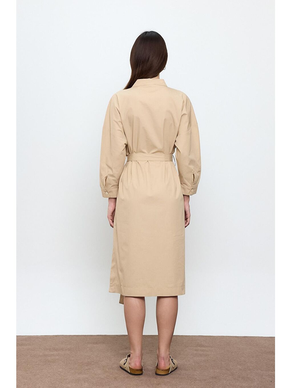 Bej %100 Pamuk Midi Boy Gömlek Elbise-2