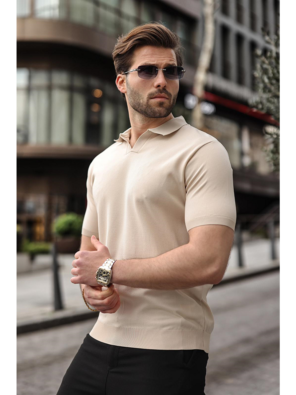 Bej Taş Rengi Polo Yaka Triko Kısa Kollu Erkek Tişört E7463-3