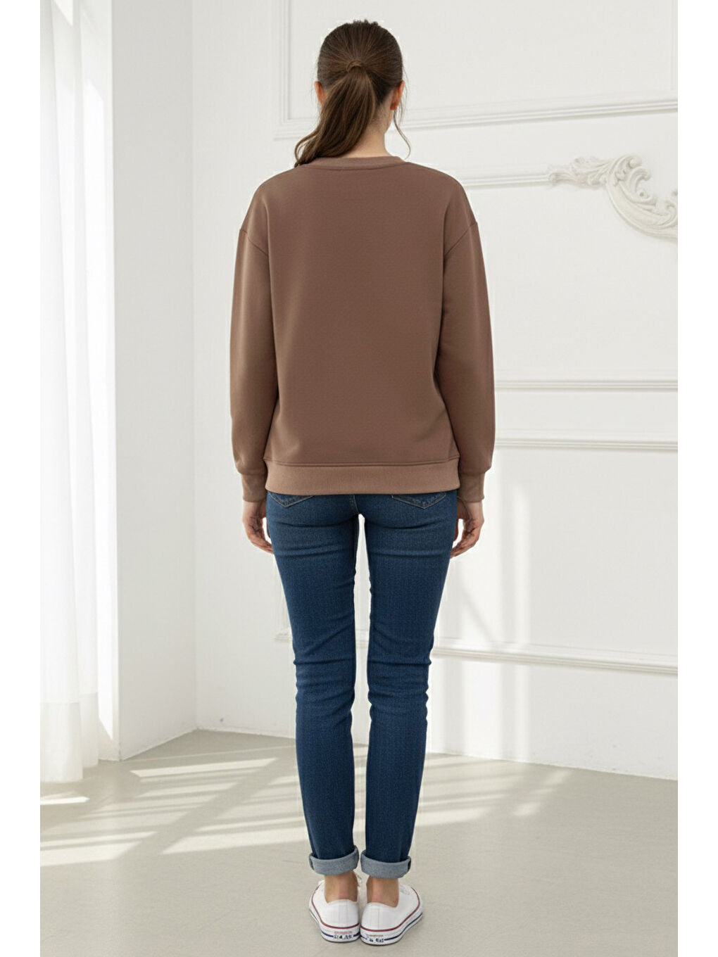 Bej Kadın Bisiklet Yaka Oversize Sweatshirt Vizon - 27955-VIZON-2