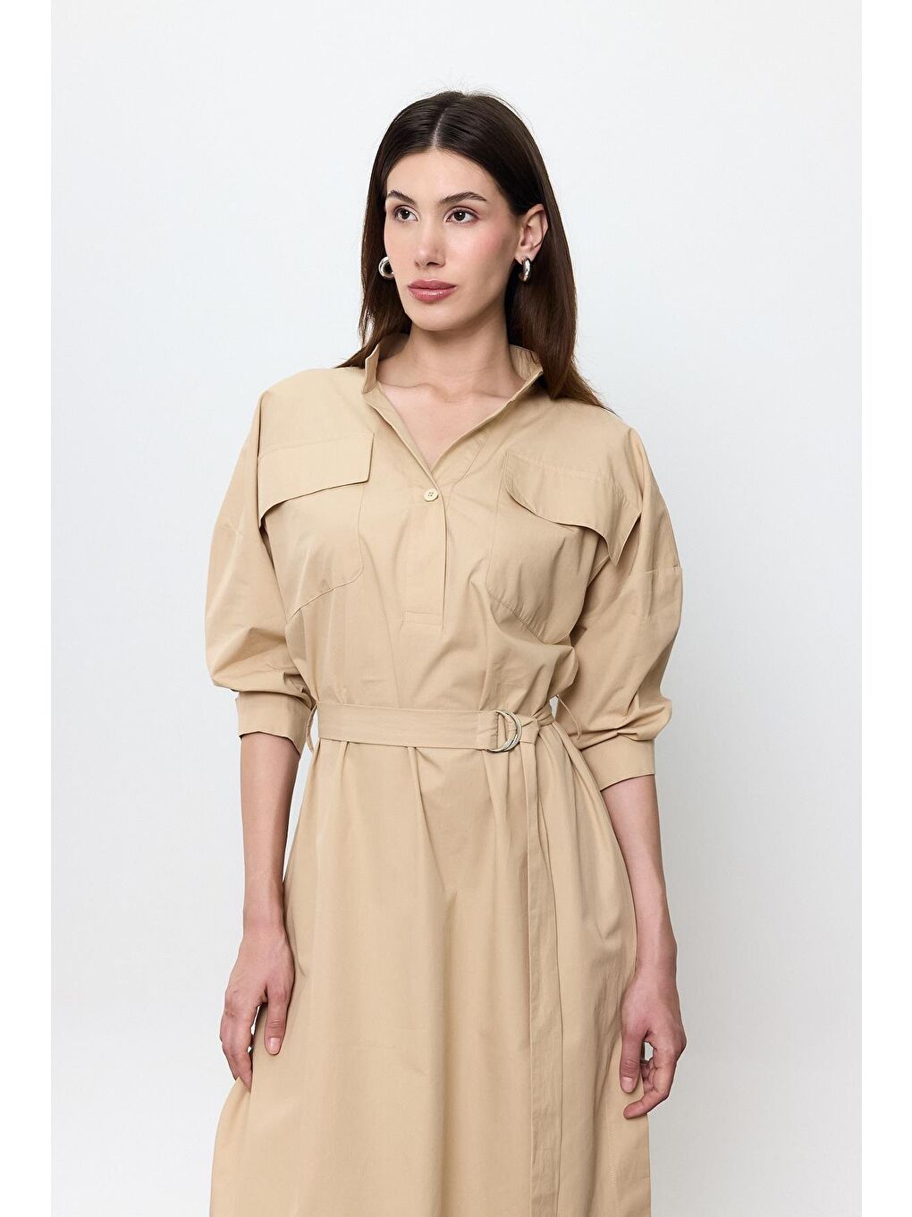Bej %100 Pamuk Midi Boy Gömlek Elbise-3