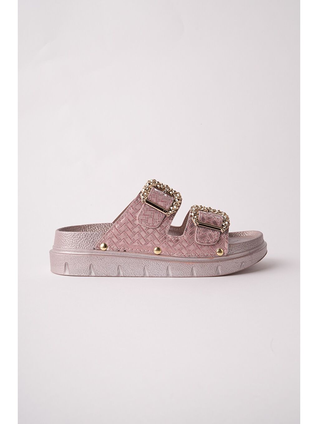 Pembe GLİTZA Parlak Dokulu Çift Tokalı Günlük Kadın Terlik-1