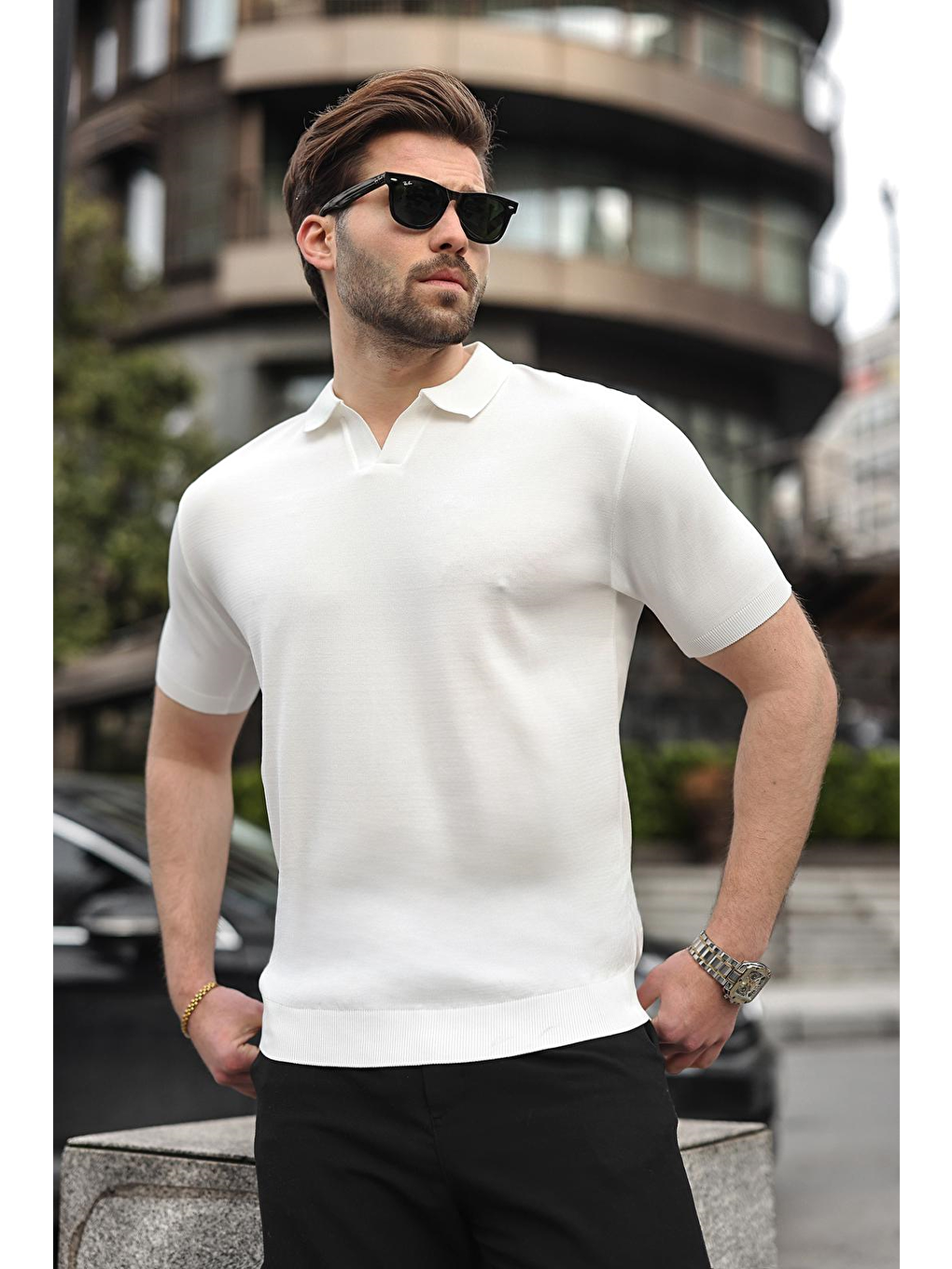 Beyaz Polo Yaka Triko Kısa Kollu Erkek Tişört E7463