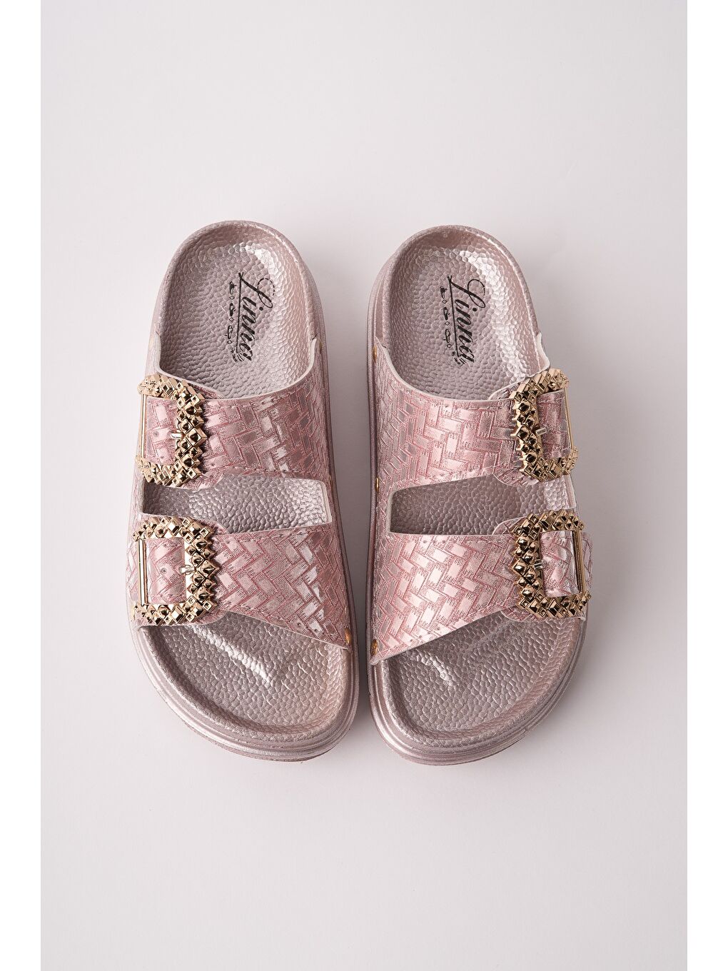 Pembe GLİTZA Parlak Dokulu Çift Tokalı Günlük Kadın Terlik-2