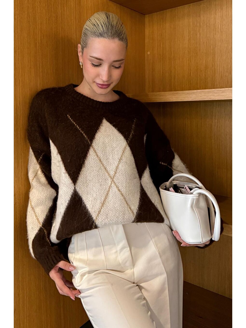 Kahverengi Bisiklet Yaka Baklava Desen Kadın Kazak Mg2471