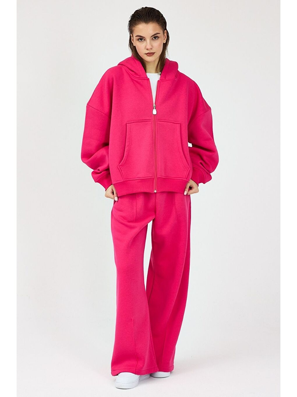 Kadın Chill Oversize Fuşya Fermuarlı Sweatshirt-1