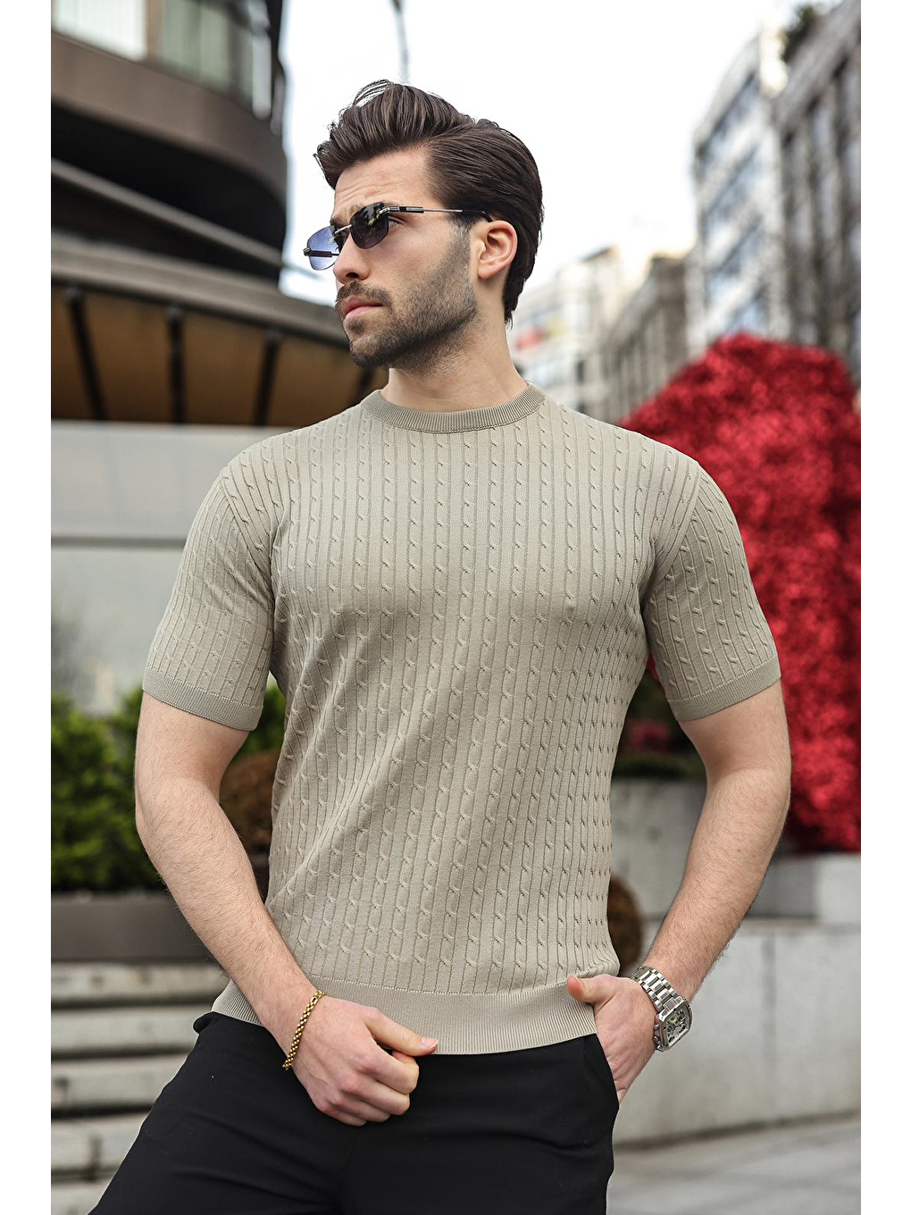 Bej Vizon Bisiklet Yaka Triko Erkek Tişört E7468