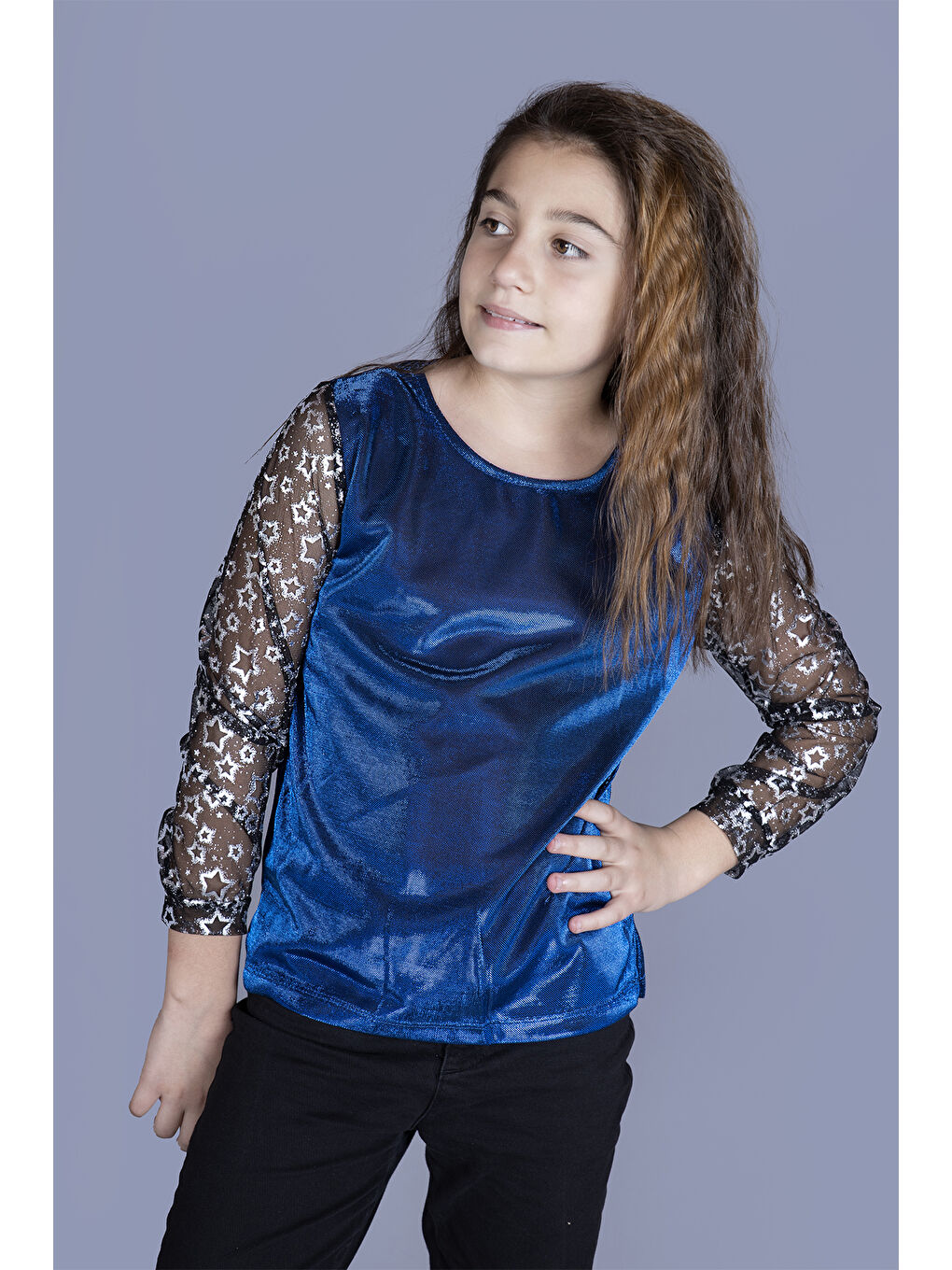 Mavi Kız Çocuk Kolları Yıldızlı Tişört