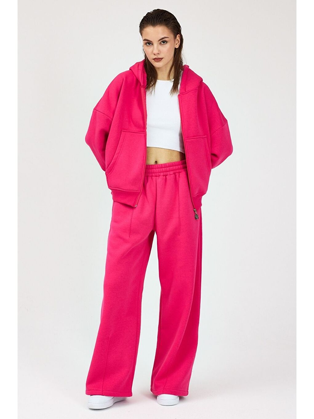 Kadın Chill Oversize Fuşya Fermuarlı Sweatshirt-2