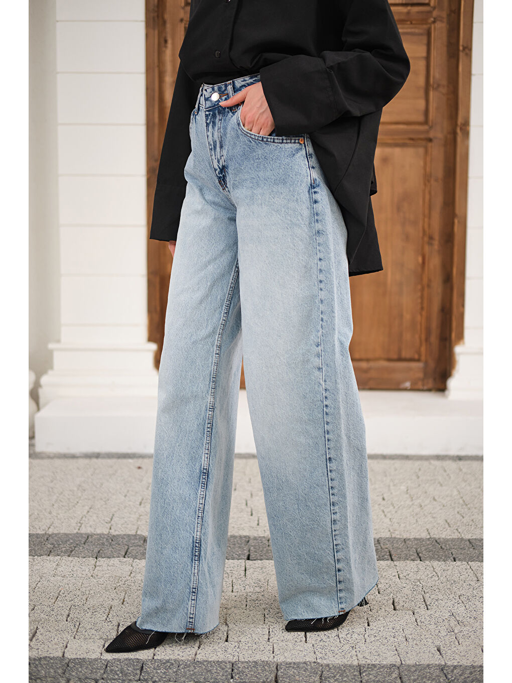 Kadın Paça Kesik Boru Paça Pantolon Buz Mavi-1