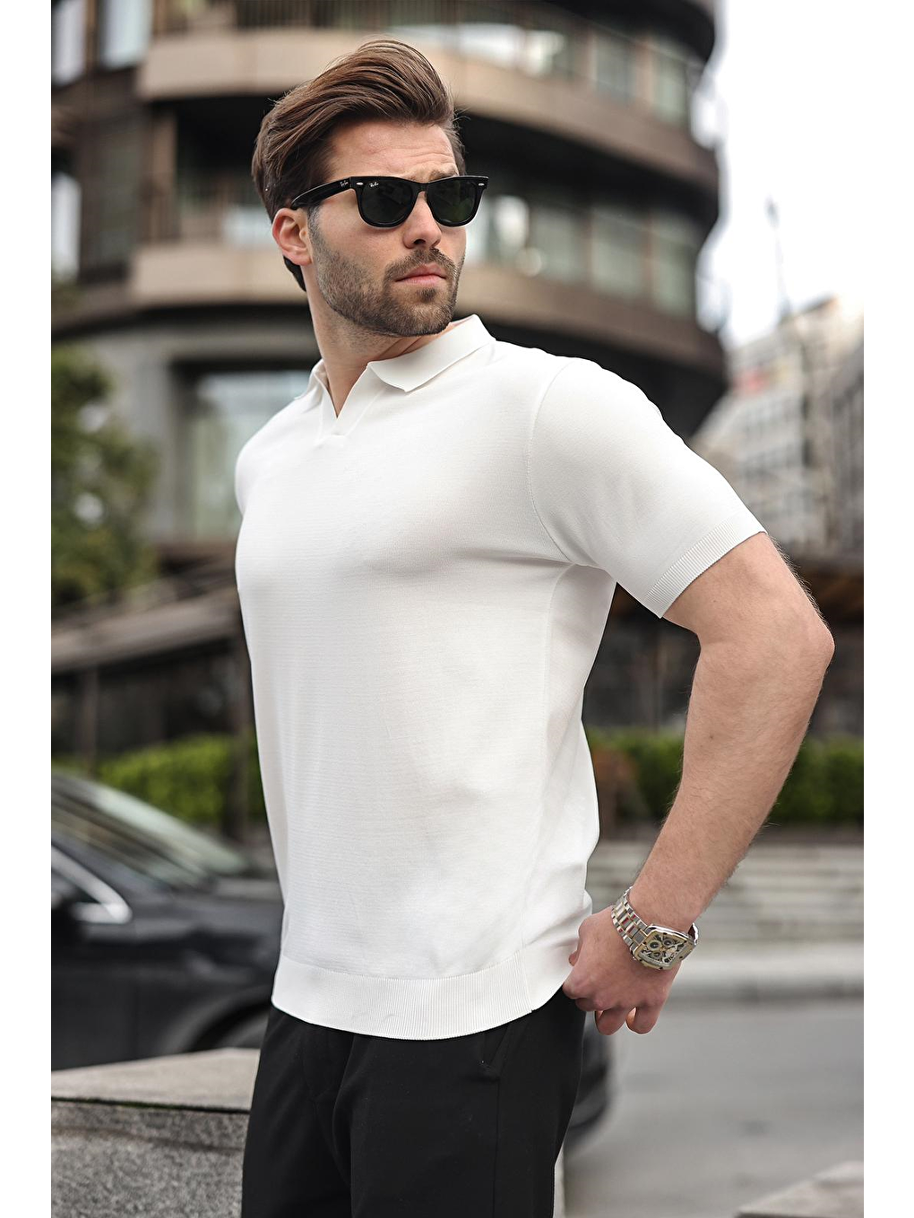 Beyaz Polo Yaka Triko Kısa Kollu Erkek Tişört E7463-1