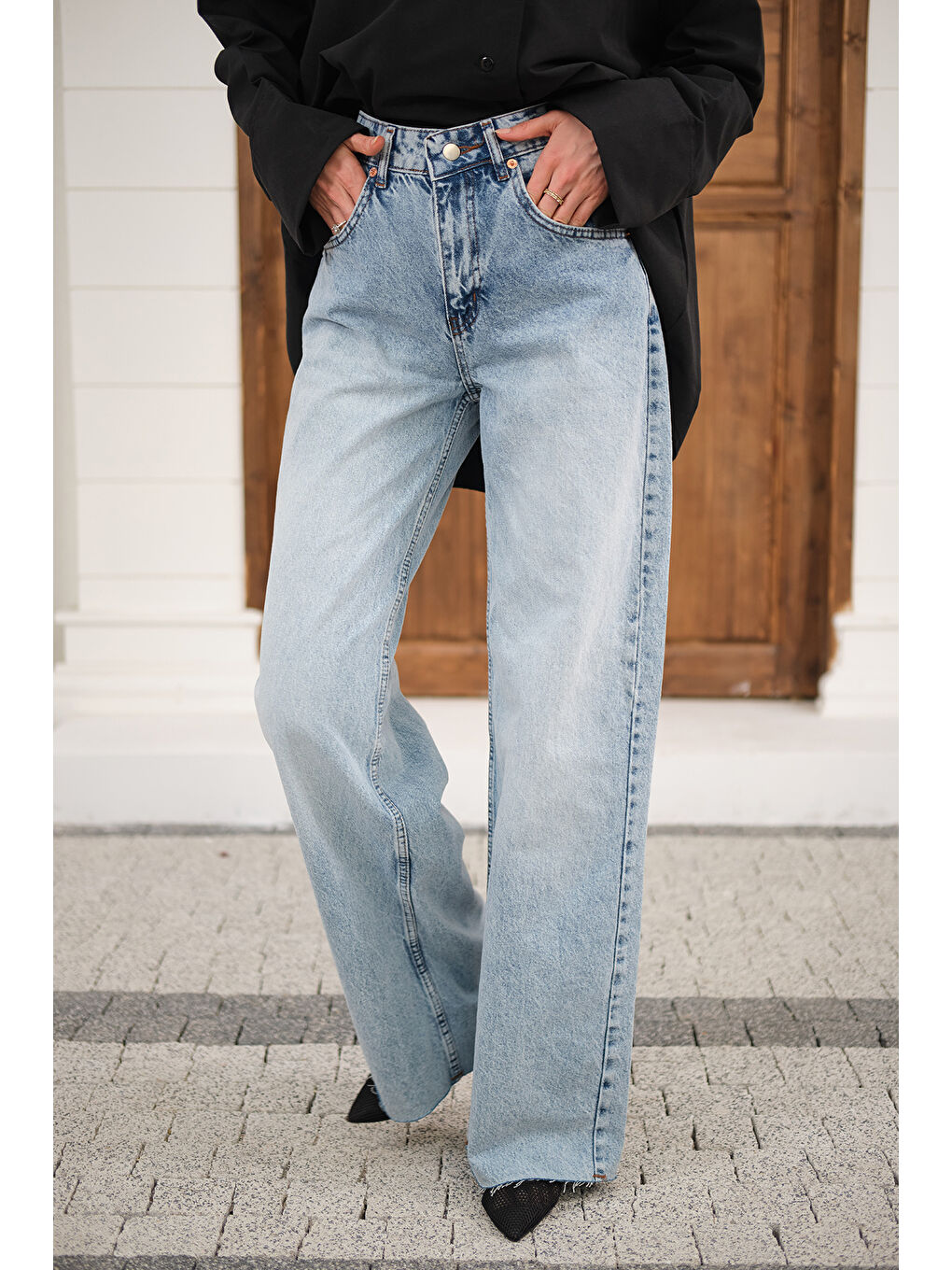 Kadın Paça Kesik Boru Paça Pantolon Buz Mavi-2