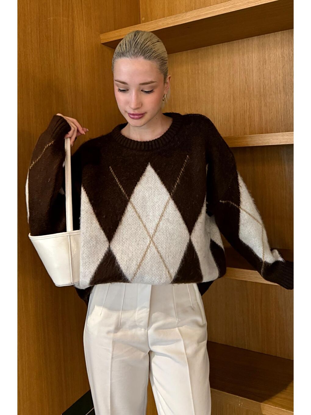 Kahverengi Bisiklet Yaka Baklava Desen Kadın Kazak Mg2471-2