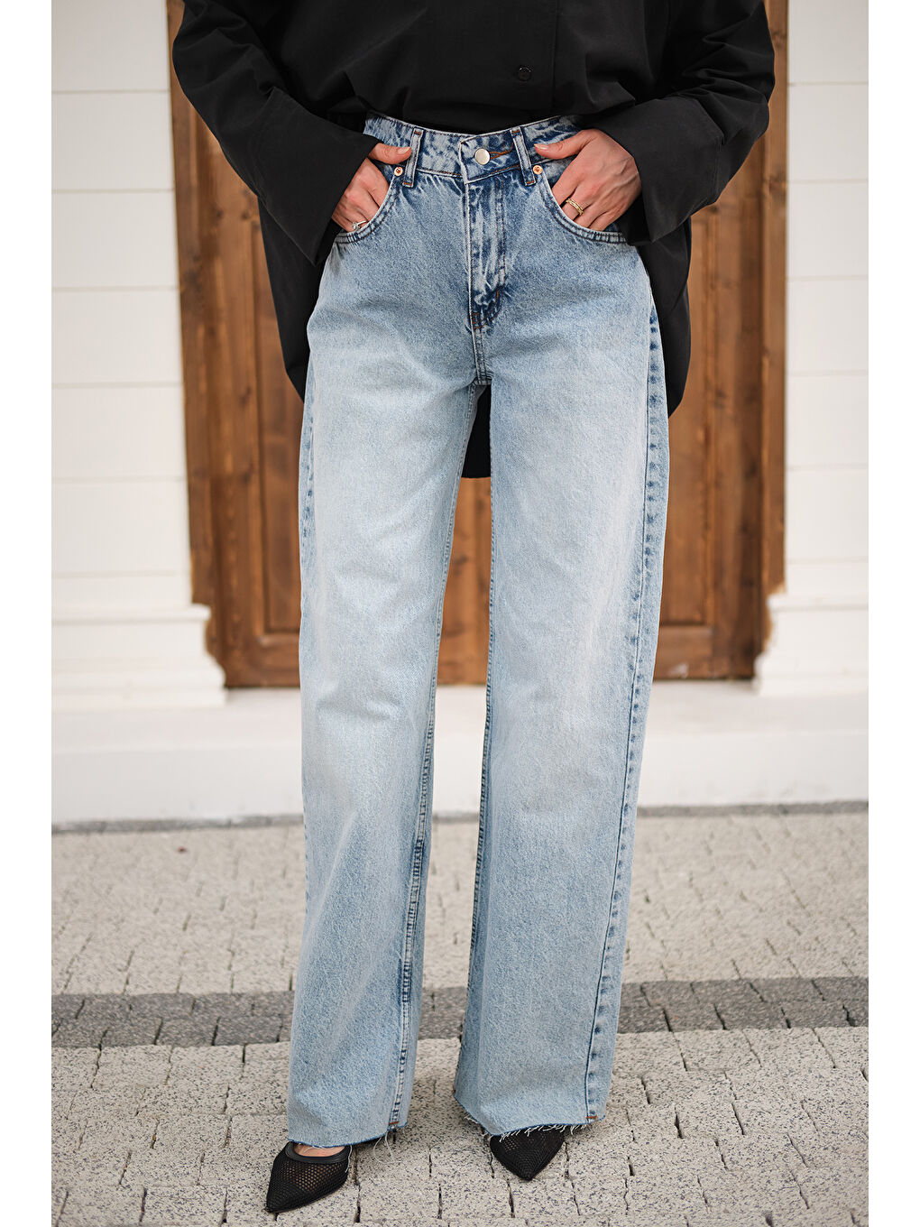 Kadın Paça Kesik Boru Paça Pantolon Buz Mavi-3