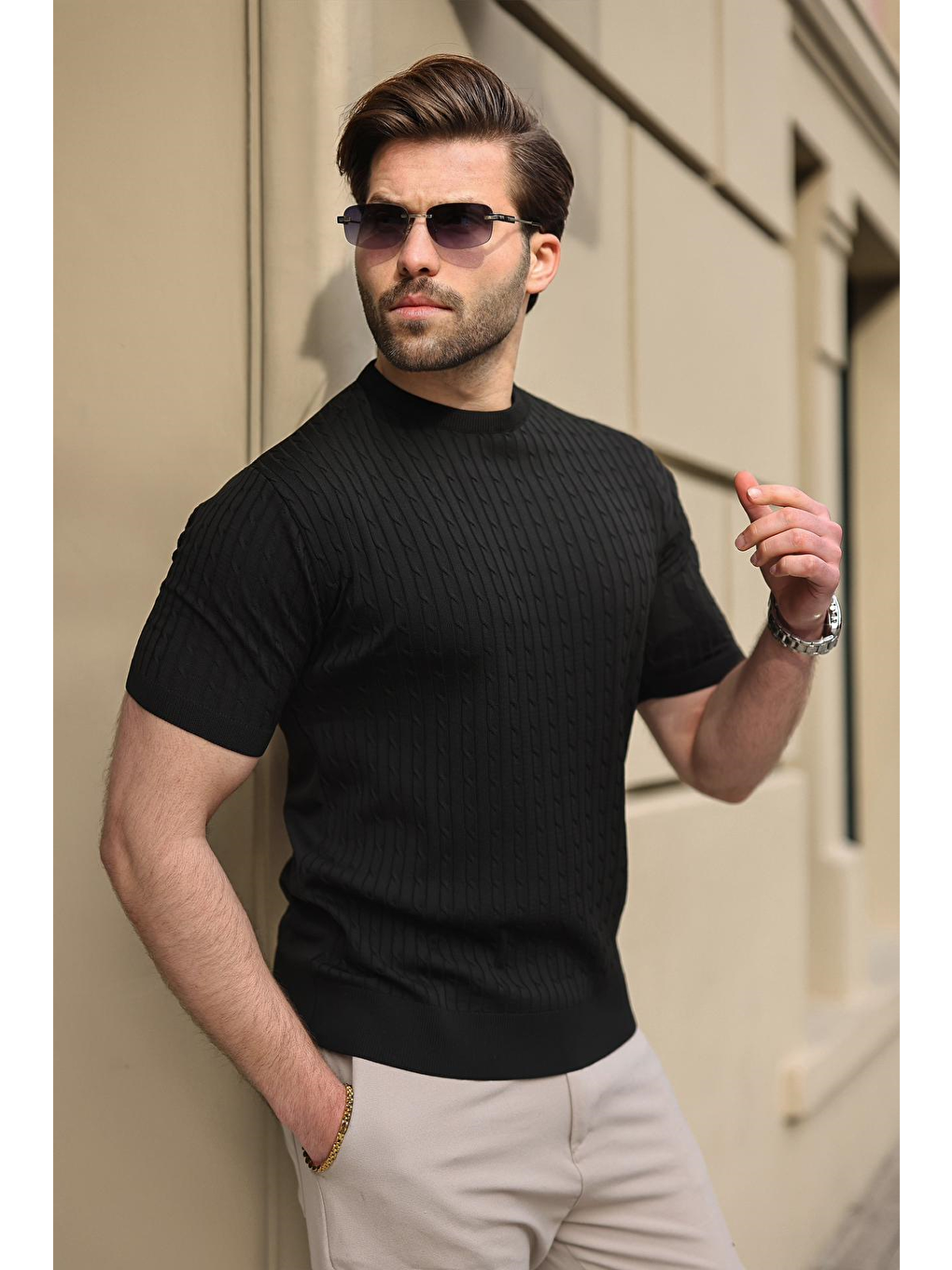 Siyah Bisiklet Yaka Triko Erkek Tişört E7468