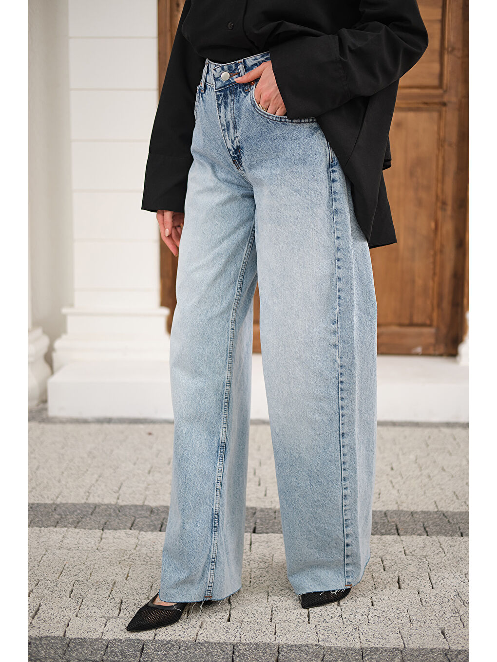 Kadın Paça Kesik Boru Paça Pantolon Buz Mavi-4