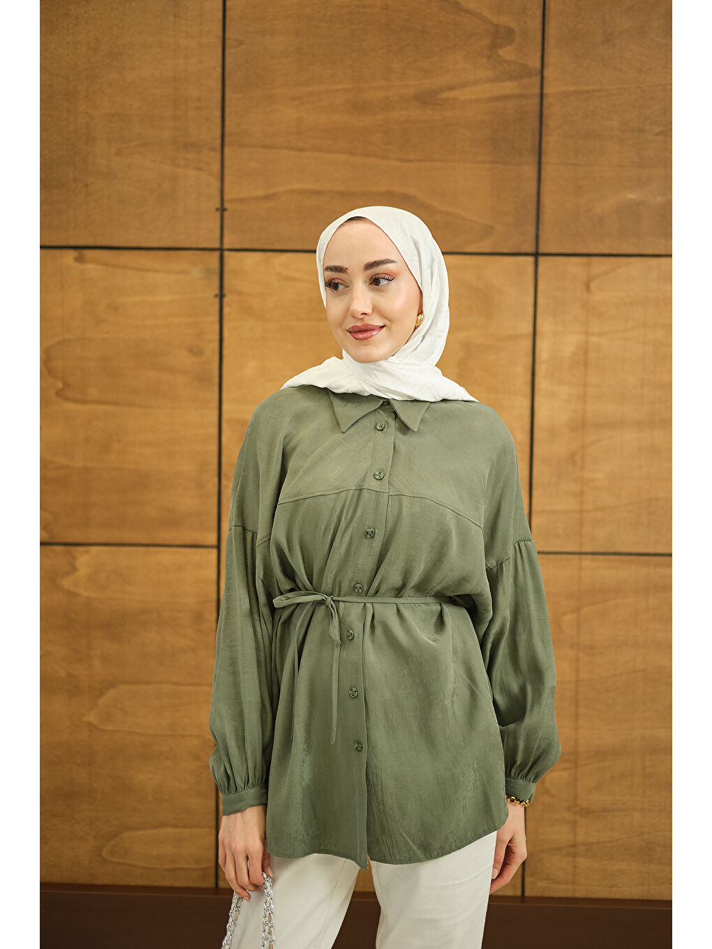 Kadın Bulanık Desen Jakar Gömlek Yeşil