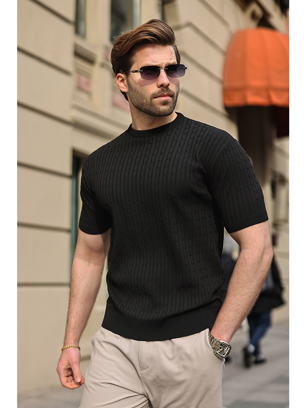 Siyah Bisiklet Yaka Triko Erkek Tişört E7468-1