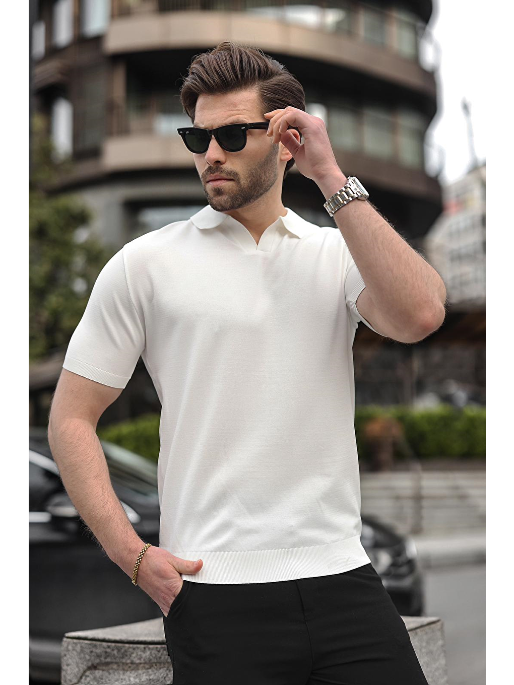 Beyaz Polo Yaka Triko Kısa Kollu Erkek Tişört E7463-3