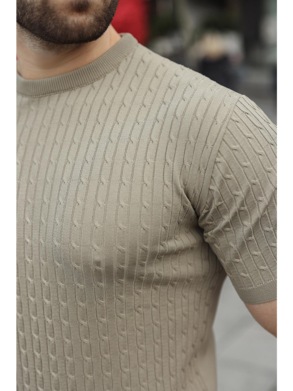 Bej Vizon Bisiklet Yaka Triko Erkek Tişört E7468-1