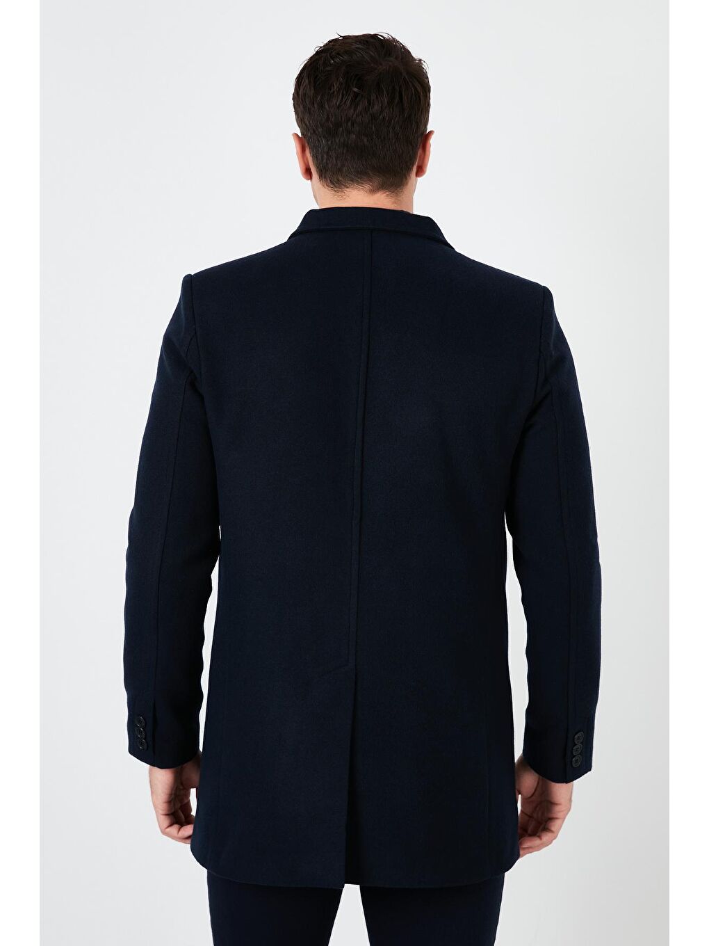 Lacivert Tek Yırtmaçlı Düğmeli Dik Yaka Kaşe Kaban 5840110-4